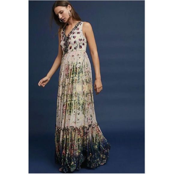 NWT Anthropologie Bhanuni by Jyoti Cydney Tiered Maxi Dress Beaded 2 Boho - Picture 1 of 14